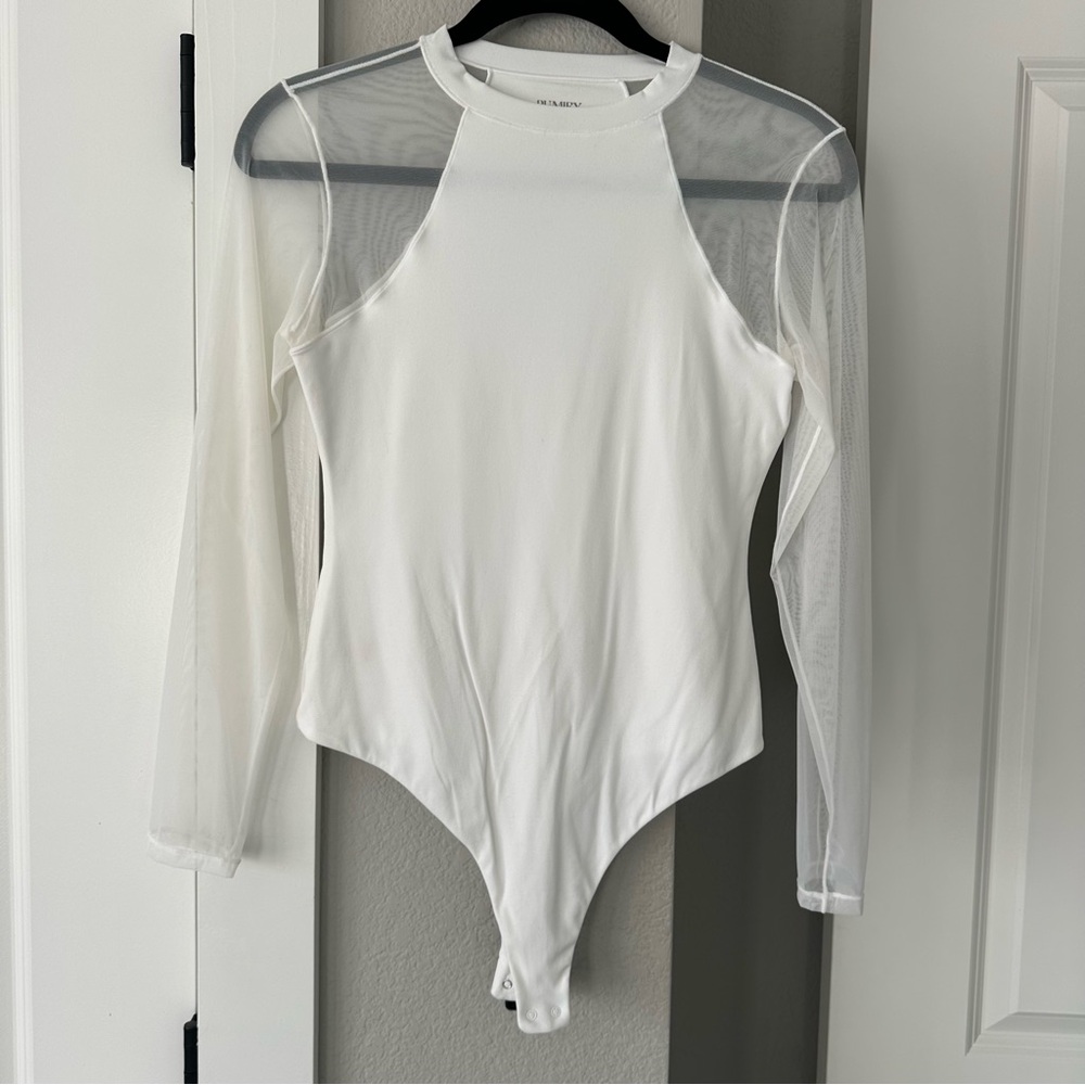 Pumiey White Sheer Sleeve Bodysuit